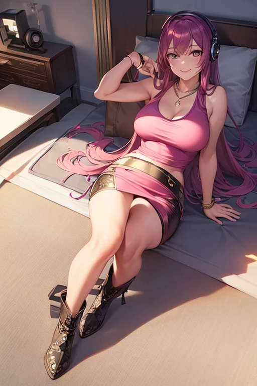 ((masterpiece, best quality, ultra-detailed)), beautiful woman, smiling, pink tank top, bracelet, necklace, black midi pencil skirt, medium length skirt, leather boots, headphones, full body, long purple hair, hand on hip, bedroom