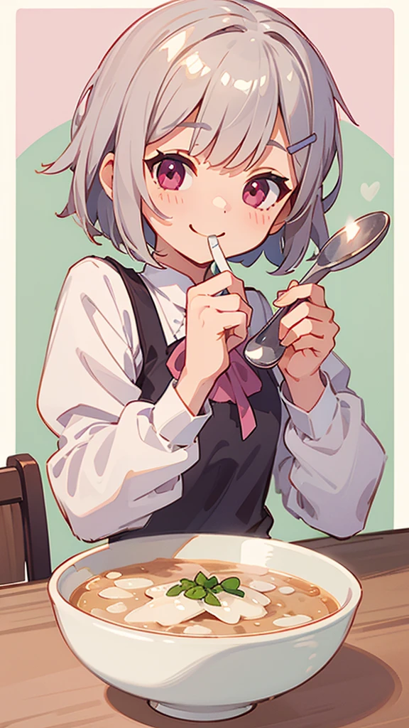 (Highest quality,High resolution,Very detailed),eat porridge, Short silver bob hair held together with a hair clip, Pink Eyes、spoon, Grin、Background Blur, Depth of the written border