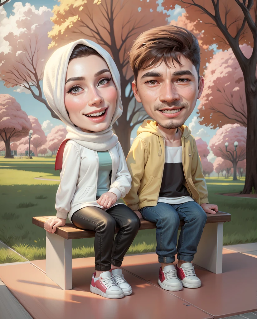 cartoon couple sitting on a bench in a park with trees, digital art cartoon, cartoon artstyle, realistic cartoon, cartoon digital art, in cartoon style, cartoon art style, cartoon art, cartoon digital painting, realism artstyle, caricature illustration, photorealistic!!!!!!! art style, happy couple, cartoon style illustration, cartoon portrait, potrait, digital cartoon painting art, couple