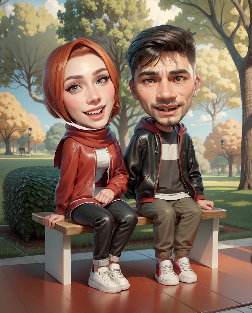 cartoon couple sitting on a bench in a park with trees, digital art cartoon, cartoon artstyle, realistic cartoon, cartoon digital art, in cartoon style, cartoon art style, cartoon art, cartoon digital painting, realism artstyle, caricature illustration, photorealistic!!!!!!! art style, happy couple, cartoon style illustration, cartoon portrait, potrait, digital cartoon painting art, couple