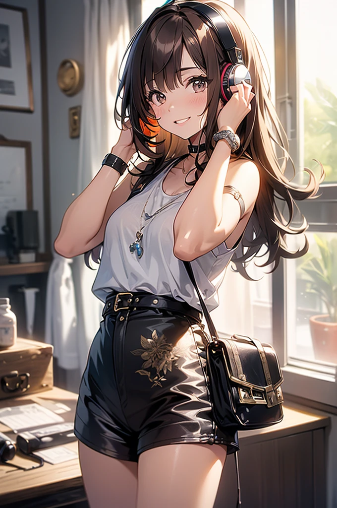 (masterpiece, Highest quality, Very detailed, High resolution, 4K),(Beautiful attention to detail),(Very detailed顔),(One girl),High resolution,Long Hair, Shorts, Telephone, Brown eyes, Brown Hair, cellTelephone, bracelet, Tank top, jewelry, clock, lips, Focus Only, Manicure, Blurred background, smile, wristclock, Realistic, Blurred, View your viewers、I'm wearing headphones