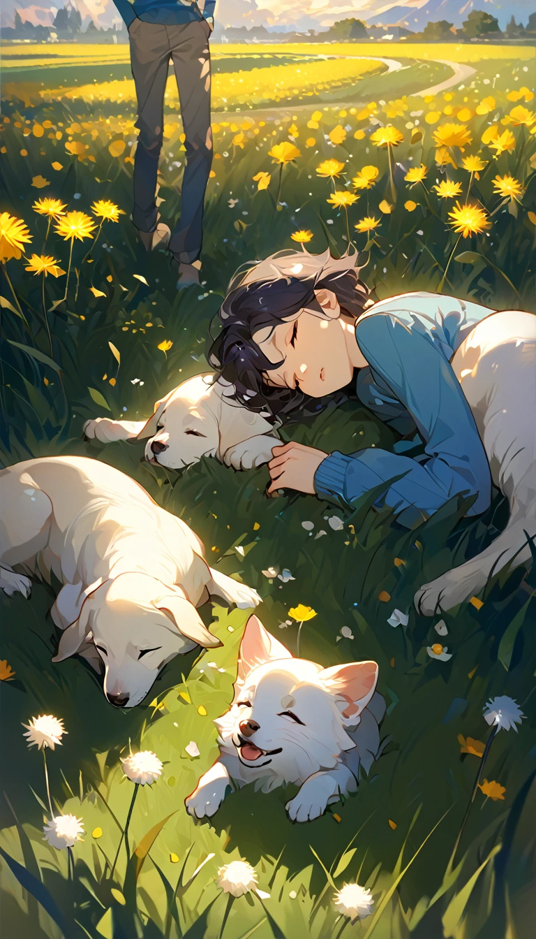 masterpiece, best quality, 8k, 4k, 1boy, kid, sleeping, dark blue hair with red stripes, blue long sleeve shirt, short pale brown pants with pocket, lay down on the field, white puppy sleeping next to the boy, siberian white puppy, white dandelions fields, dandelions Taraxacum erythrosperm, wind blowing, sleeping on the fields, finely detailed eyes and detailed face, inspired by Asukaziye artist : ask, art style : ask