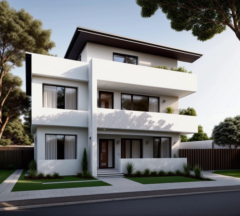 CRU photo,work of art, high qualiy, best qualityer, authentic, super detaill, plein-air, front-facing, single storey villaXL, aiai group, modern house style on the street, front house, visão front-facing, entrada com gramdo, elegant and minimalist facade, pavement, gram, Trees, sky, nube, (Day Light:1.1)