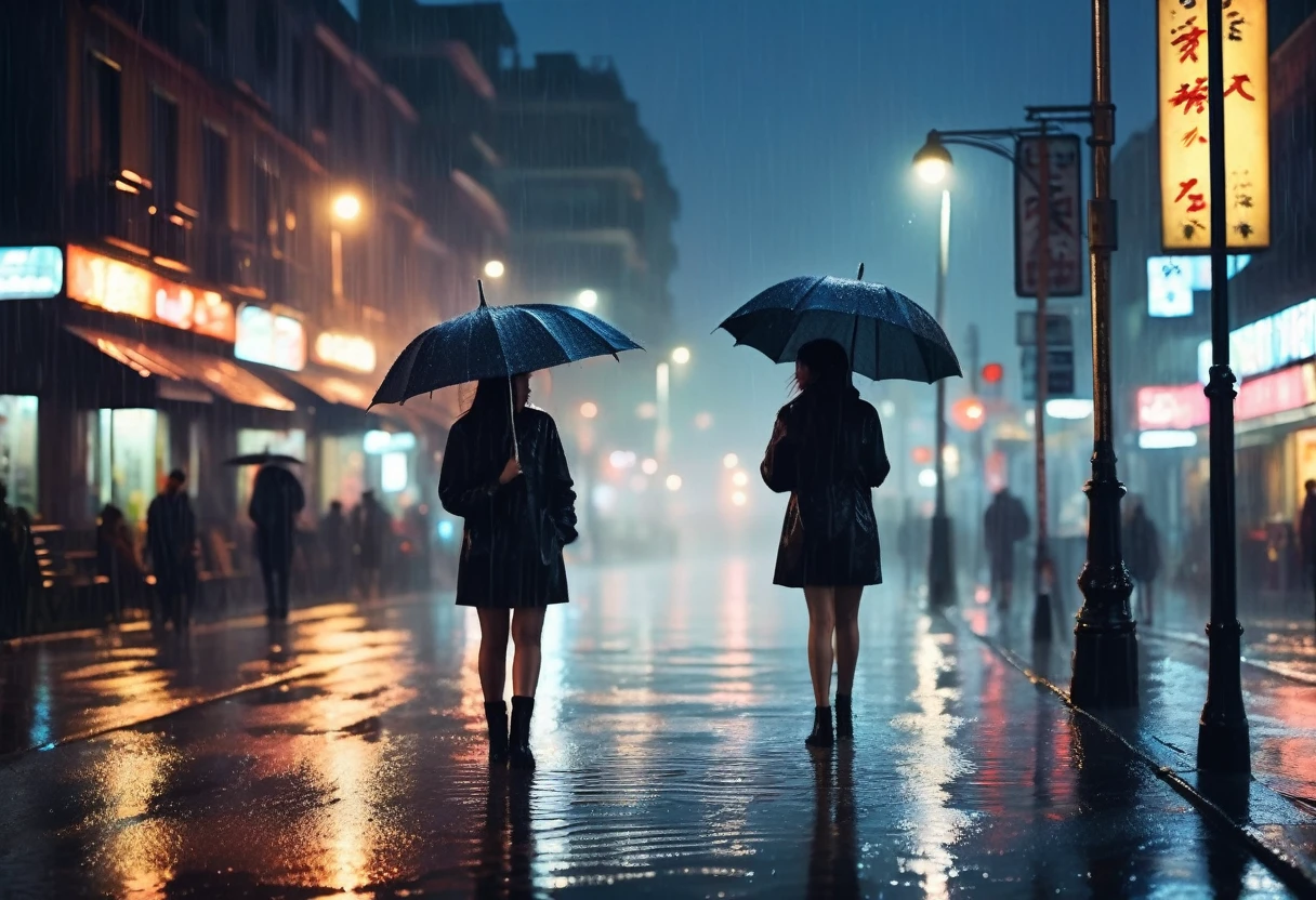 A girl stands under a dripping umbrella on a dimly lit street,Raindrops glistening on wet pavement,Warm light from the street lamps,Reflection of a neon sign in a puddle,A man in a hurry with an umbrella々, The sound of raindrops hitting an umbrella, Wet leaves scattered on the ground, Foggy atmosphere, Silhouette of a girl highlighted by street lights, rainy Cityscape at night, Cinematic and moody lighting, Dramatic contrast of light and dark, A sense of mystery and solitude, Wet and shiny texture, A cool, desaturated color palette, Impressionistic and dreamy art style. (Highest quality, 4K, Very detailed, Realistic:1.37), Rainy night, Cityscape, Cinema Lighting, Wet texture, Gloomy atmosphere, Impressionist art style