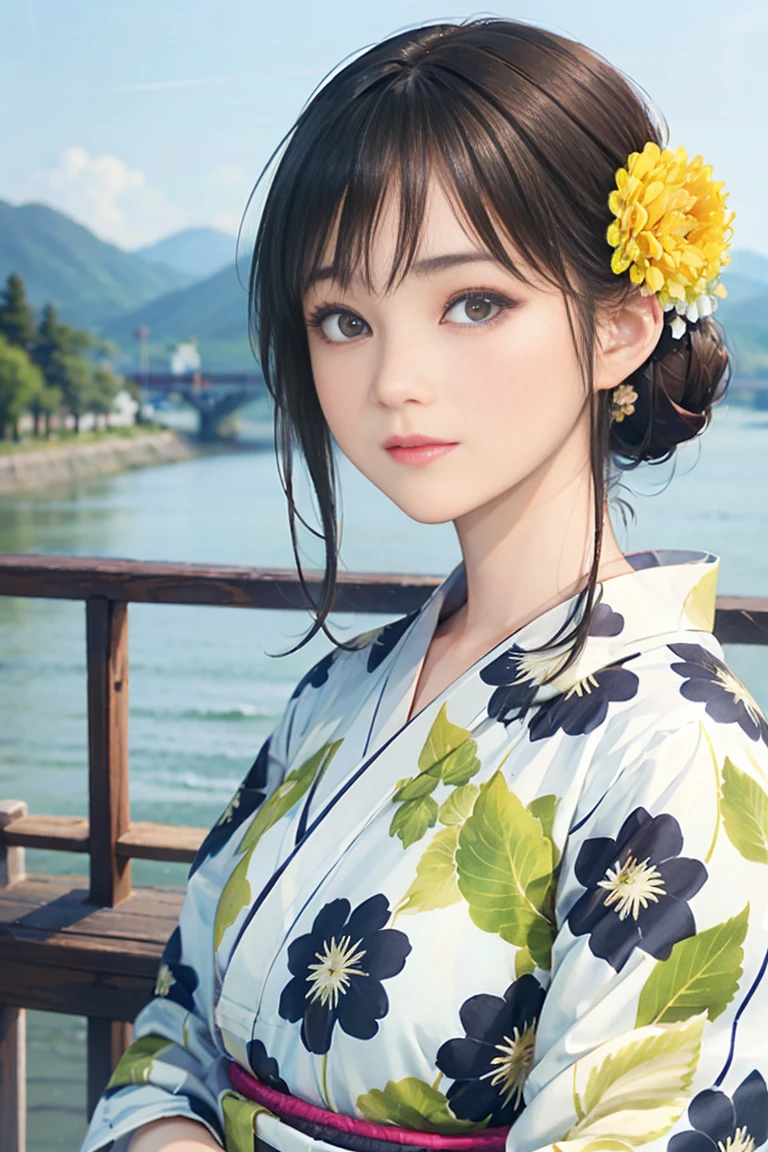 (Highest quality、 8k 、masterpiece、High resolution)、(whole body)、Vibrant colors、Brown-black bob、Traditional round topknot、Ample breasts、(Highly detailed face and eyes、Beautiful Face、Beautiful Eyes、Beautiful nose、Pretty lips)、 (Beautiful woman standing on a riverside observation deck)、A friendly gaze、Oh!！Facial expression that、(Vivid floral patterned kimono)、Official Art、  The background is a wide river、Nearby bridge、Riverside streetscape、Mountains in the distance、Detailed CG、