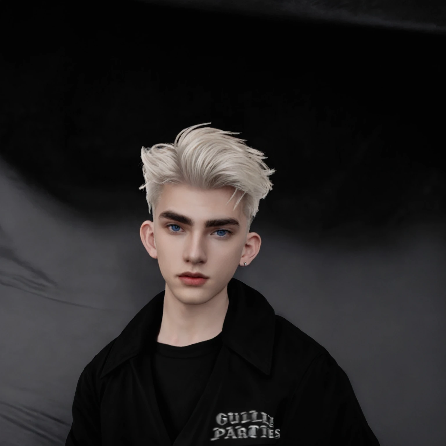 A digitally created young man with styled platinum blonde hair, blue eyes, and fair skin, wearing a black jacket with 'GUILTY PARTIES' text on the left chest over a black shirt. The background is a dark gray gradient.
