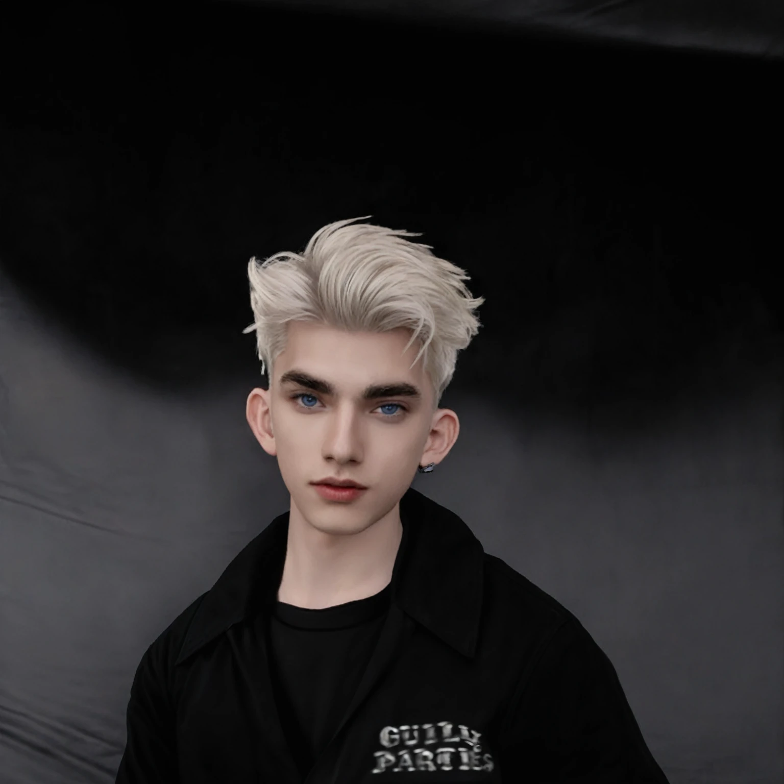 A digitally created young man with styled platinum blonde hair, blue eyes, and fair skin, wearing a black jacket with 'GUILTY PARTIES' text on the left chest over a black shirt. The background is a dark gray gradient.