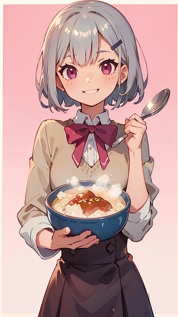 (Highest quality,High resolution,Very detailed),eat porridge, Short silver bob hair held together with a hair clip, Pink Eyes、spoon, Grin、Background Blur, Depth of the written border