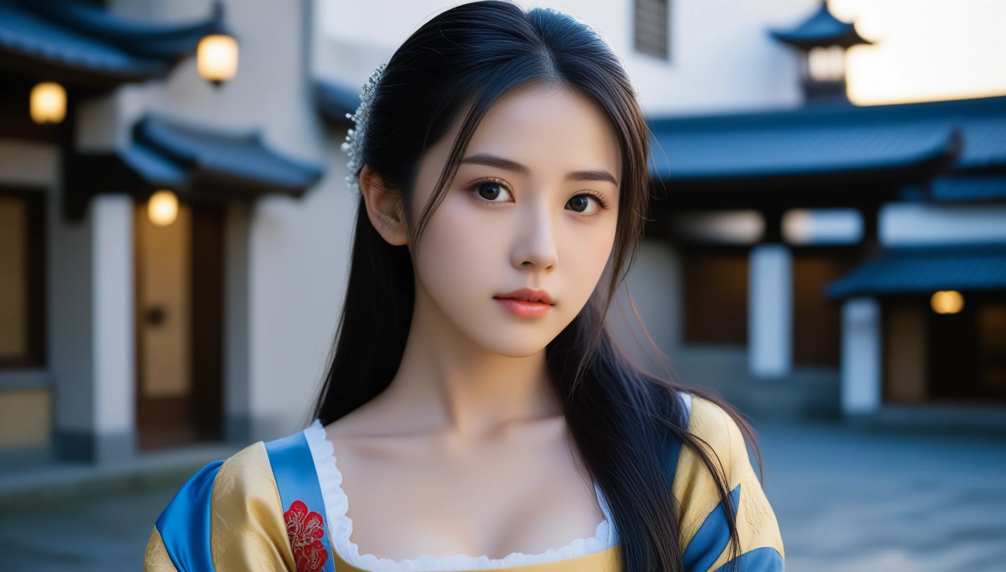 8k, Ultra-high resolution, Highest quality, masterpiece, 三分割法によるphotograph,Surreal, photograph, 1 Girl, (16 years old:1.3), pretty girl, Cute Face, Beautiful eyes in every detail, 細かくdetailedに,masterpiece,One Girl:1.2, Japan Female Announcer,extream close up,disgust,Long black hair,Pulled back hair,(Dressed in medieval European clothing:1.3),(印象派の美しい少女のPortraiture), (Standing in a medieval European square:1.3), (After the Rain), (Sunset reflection), (Impressionist light and colour),Realistic Skin, Perfect and beautiful face ,完璧でCute Face, Skin with attention to detail, Perfect limbs、Narrow waist,Looking at the audience、beauty,Long neck,clavicle,(((Ideal body type))),A cup small breasts :2,Portraiture:2,Perfect Anatomy,鮮明なdetailed,detailed,Surreal,Light and shadow,darkness