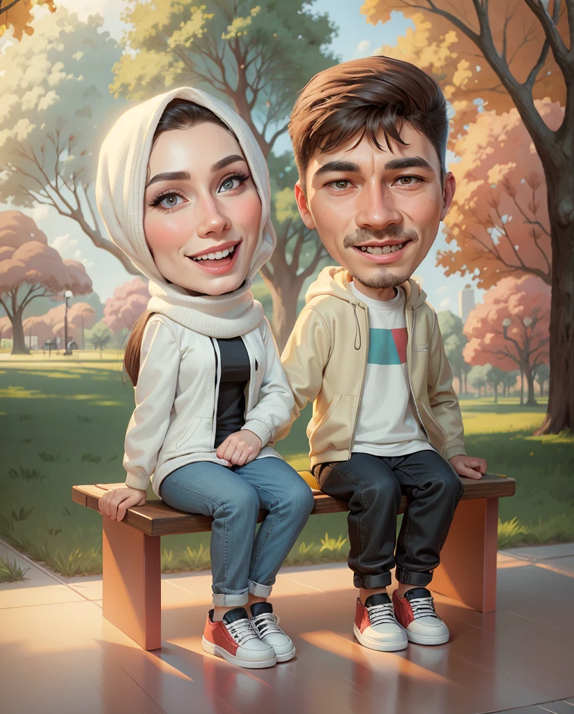 cartoon couple sitting on a bench in a park with trees, digital art cartoon, cartoon artstyle, realistic cartoon, cartoon digital art, in cartoon style, cartoon art style, cartoon art, cartoon digital painting, realism artstyle, caricature illustration, photorealistic!!!!!!! art style, happy couple, cartoon style illustration, cartoon portrait, potrait, digital cartoon painting art, couple