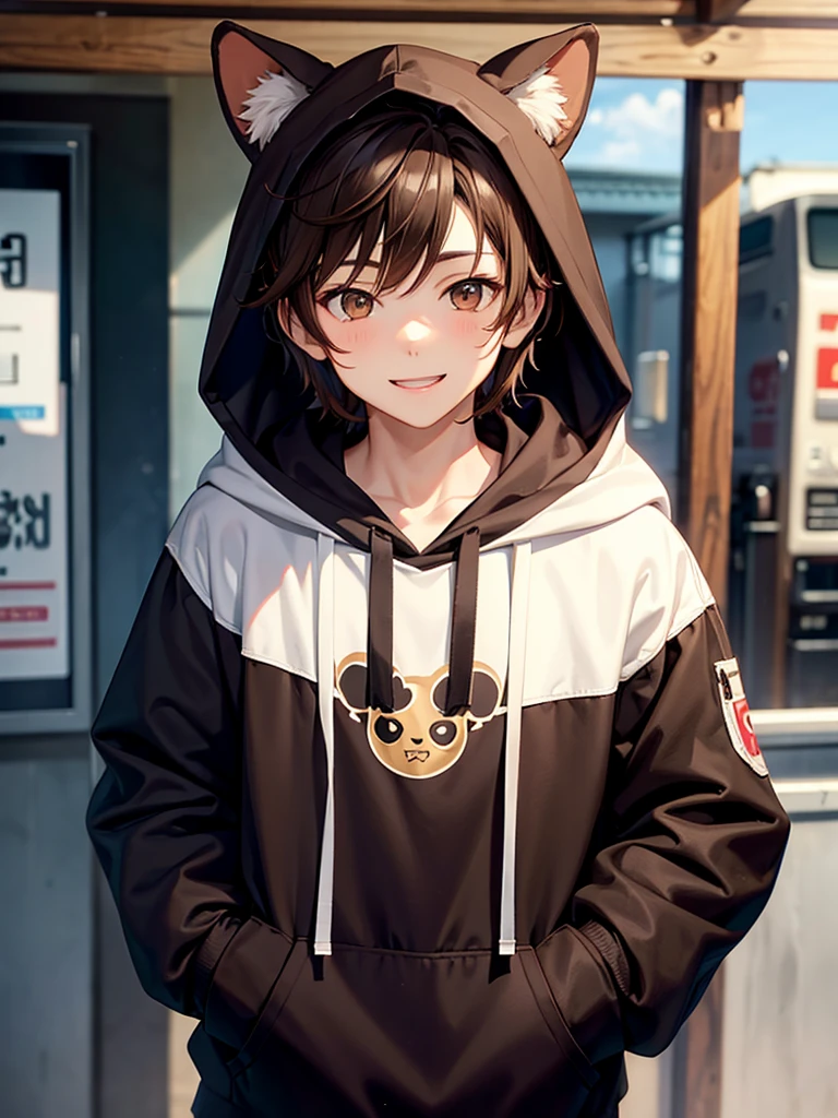 Brown hair. 1boy. Anime boy. Asian boy. Ulzzang. Brown eyes. Smiling. Hoodie. Upper body. Hooded ears animal