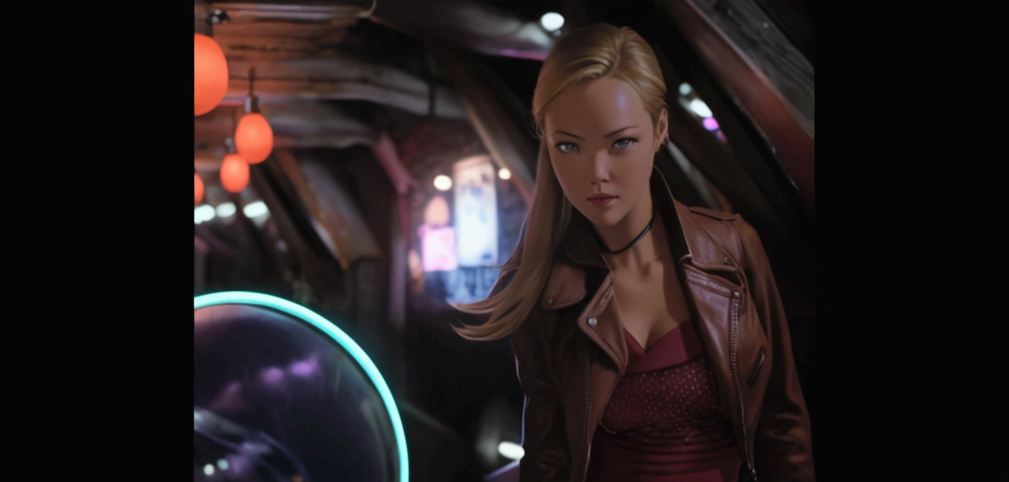 Blonde woman in leather jacket leaning against a wall with a neon light, Kristanna Loken, doom beautiful face,