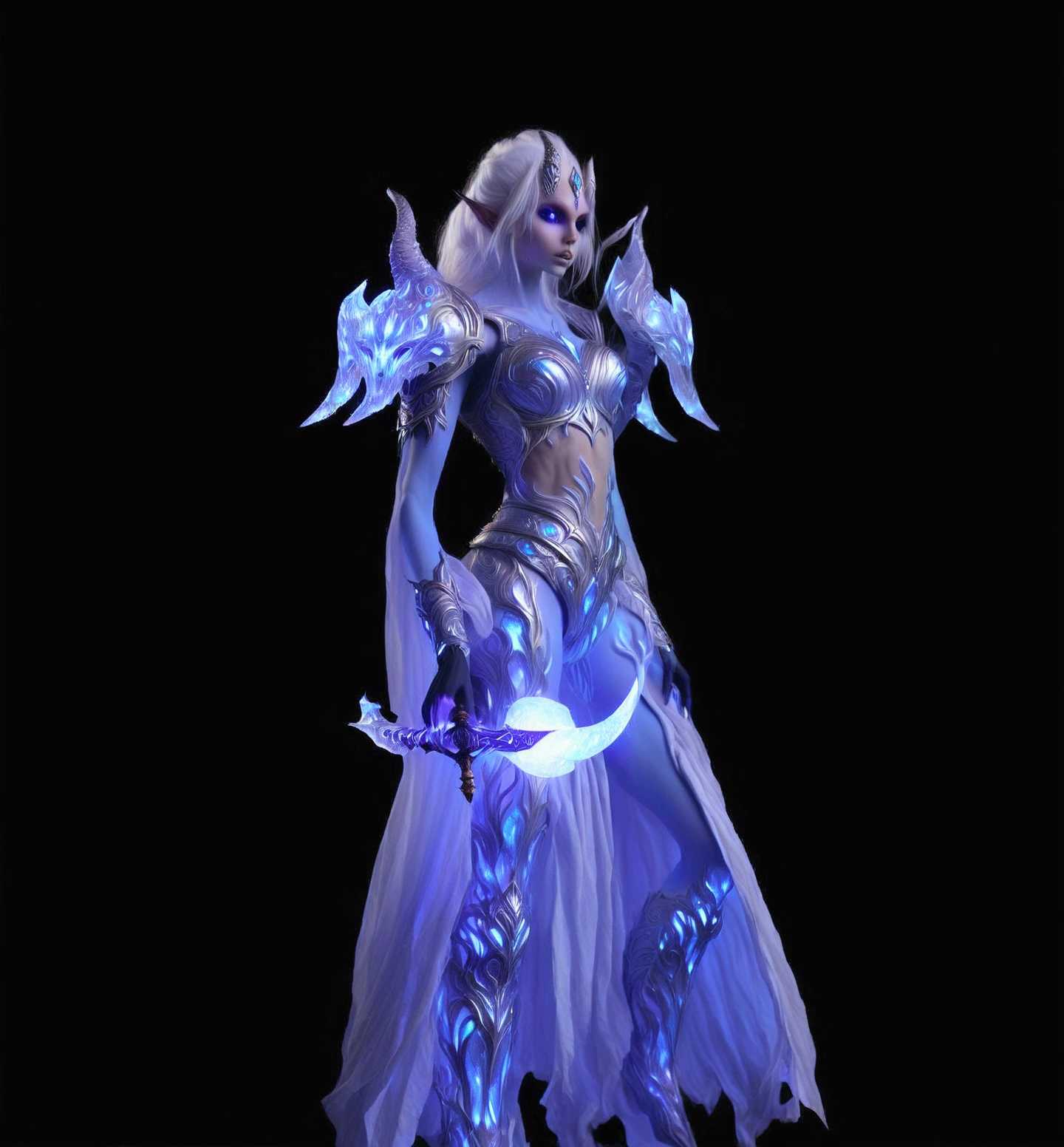 a close up of a person in a costume holding a sword, clothed in ethereal battle armor, in opal armor, intricate iridescent opal armor, ice mage, clothed in ethereal armor, sliver ice color reflected armor, world of warcraft elven druid, warcraft character, ice sorceress, female mage!, world of warcraft armor, female mage