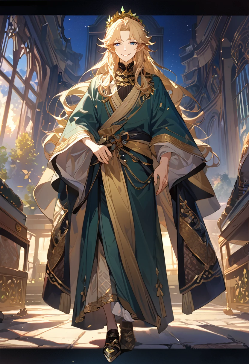 masterpiece, best quality, 8k ,4k , 1male, elf King, Golden Blond, Blue greenish eyes, gold wreath crown, hair ornament, long hair, finely detailed eyes and detailed face, looking at viewer, black sleeveless, half robe, patterned clothes, gold embroidery clothes, meticulous clothes, mature clothe, majestic looks, smiling gently, small bird, full body, inspired by Asukaziye artist : ask, art style : ask
