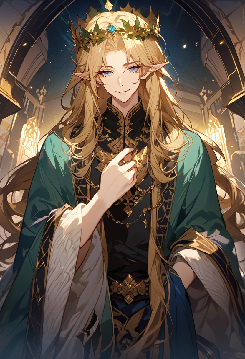 masterpiece, best quality, 8k ,4k , 1male, elf King, Golden Blond, Blue greenish eyes, gold wreath crown, hair ornament, long hair, finely detailed eyes and detailed face, looking at viewer, black sleeveless, half robe, patterned clothes, gold embroidery clothes, meticulous clothes, mature clothe, majestic looks, smiling gently, small bird, full body, inspired by Asukaziye artist : ask, art style : ask