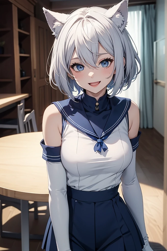 table top High level image quality best image quality 8K Seductiveand flirty adult woman whole body portrait pure white long gloves(elbow gloves) pure white pantyhose sailor suit(sleeveless) navy blue mini skirt(I can see your pants) white wolf ears short hair((shortcut)(gray hair)(perm)(fluffy)) eye color is blue attractive face((laughter)(smile)(open your mouth)) sleep