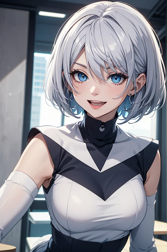 table top High level image quality best image quality 8K Seductiveand flirty adult woman whole body portrait pure white long gloves(elbow gloves) pure white pantyhose sailor suit(sleeveless) navy blue mini skirt(I can see your pants) white wolf ears short hair((shortcut)(gray hair)(perm)(fluffy)) eye color is blue attractive face((laughter)(smile)(open your mouth)) sleep