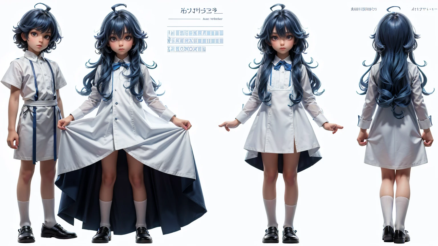 full body straight standing pose boy, beautiful cute boy, boy student, blue curly hair, wearing white pent and shirt dress, white background, simple white background, character sheet