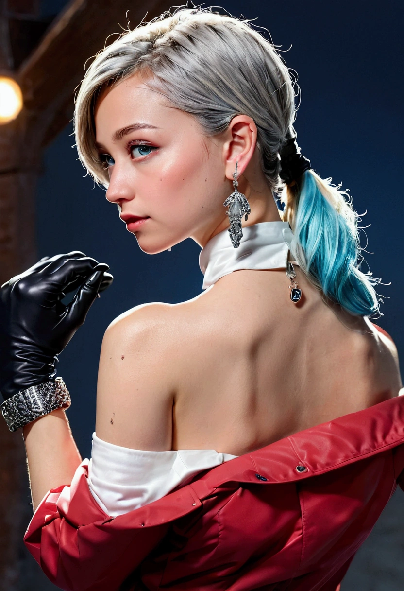 1girl, aqua eyes, back, bangs, bare shoulders, black gloves, blue eyes, braid, choker, earrings, fingerless gloves, from behind, gloves, grey hair, holding, jacket, jewelry, long hair, looking at viewer, looking back, nail polish, off shoulder, parted lips, piercing, ponytail, red jacket, solo, upper body,baiyi,[[realistic]],(shiny skin),(masterpiece:1.4),(best quality:1.4)