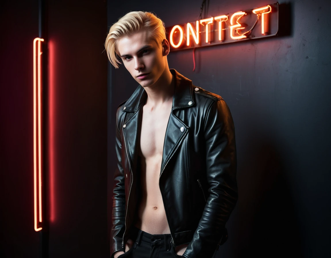 Photorealistic, dark vibes, solo, young man, 22 years, pale skin, model (skinny:1.3), (stylish blond hair:1.5), (black leather jacket:1.3), dark lighting, foreboding, sexy, (neon sign that says:"CONTEXT":1.4), night club setting, BDSM background