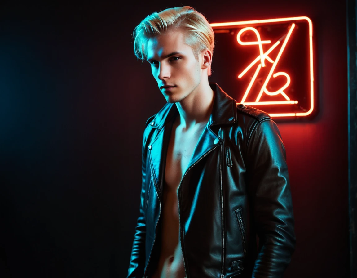 Photorealistic, dark vibes, solo, young man, 22 years, pale skin, model (skinny:1.3), (stylish blond hair:1.5), (black leather jacket:1.3), dark lighting, foreboding, sexy, (neon sign that says:"CONTEXT":1.4), night club setting, BDSM background