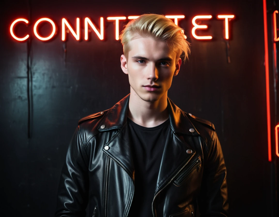 Photorealistic, dark vibes, solo, young man, 22 years, pale skin, model (skinny:1.3), (stylish blond hair:1.5), (black leather jacket:1.3), dark lighting, foreboding, sexy, (neon sign that says:"CONTEXT":1.4), night club setting, BDSM background