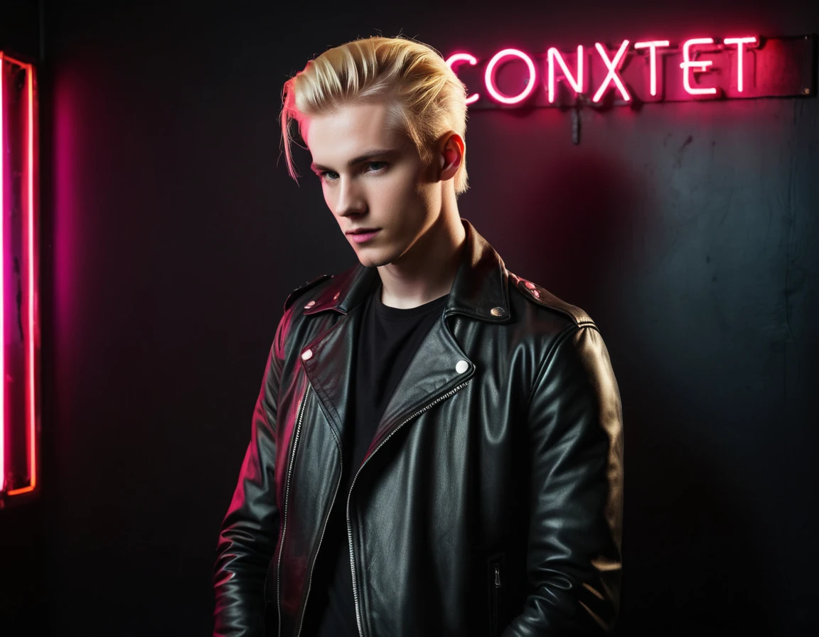 Photorealistic, dark vibes, solo, young man, 22 years, pale skin, model (skinny:1.3), (stylish blond hair:1.5), (black leather jacket:1.3), dark lighting, foreboding, sexy, (neon sign that says:"CONTEXT":1.4), night club setting, BDSM background