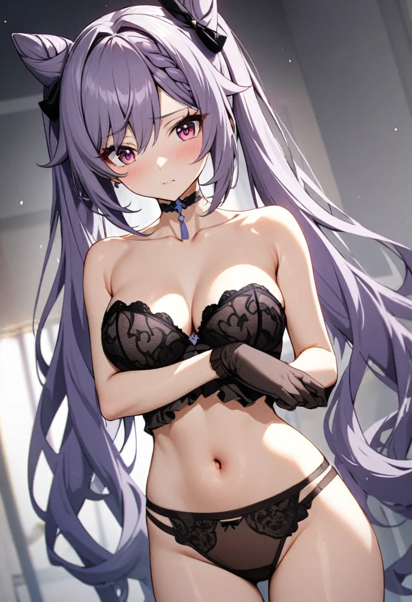 Beautiful Keqing from Genshin Impact in lingerie,strapless bra,bare belly,gloves extending to elbows,choker,collarbone,breasts slightly lifted up