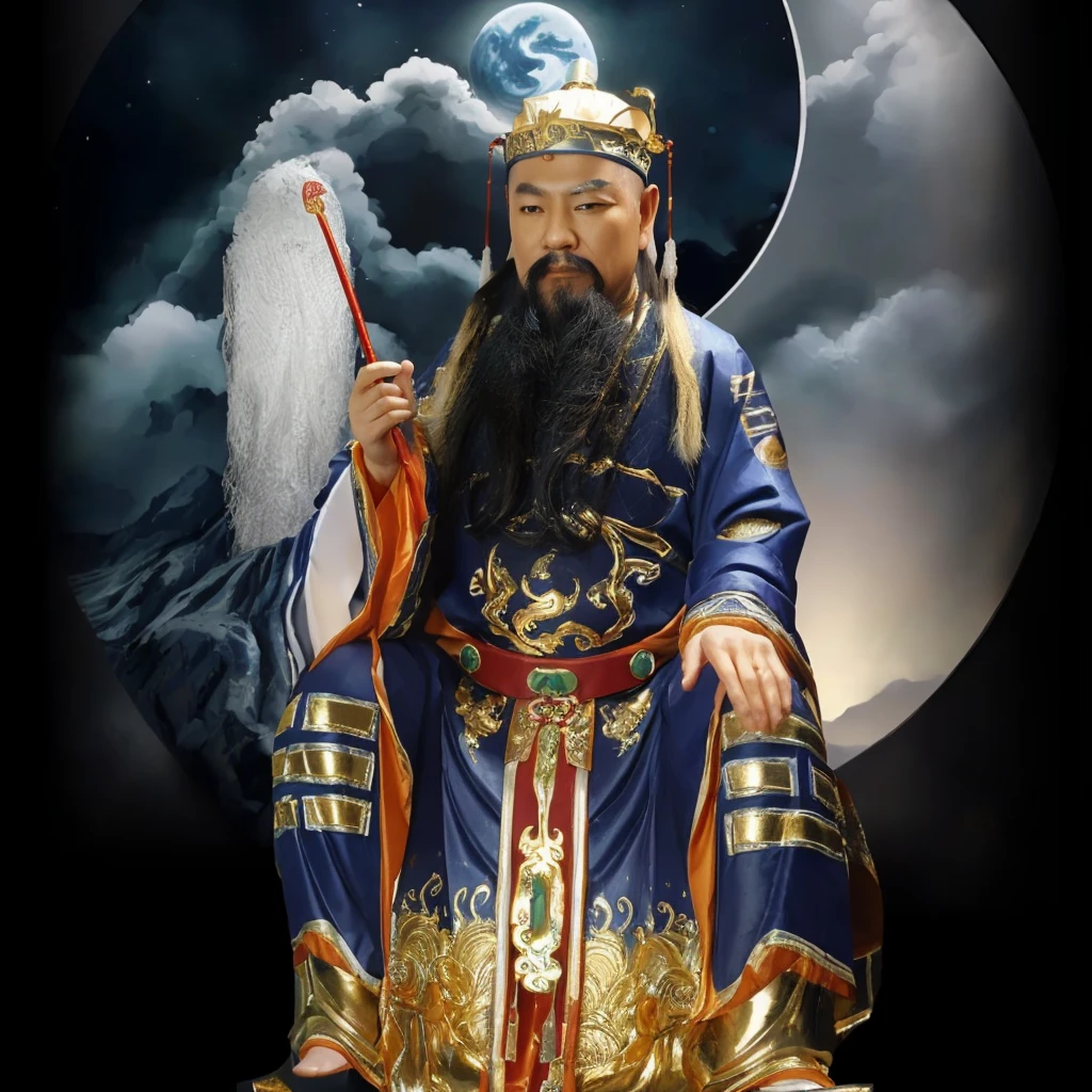 taoist priest with blue and gold robe, yin yang taiji background, holding white horse tail whisk , ancient Chinese gold hat, 