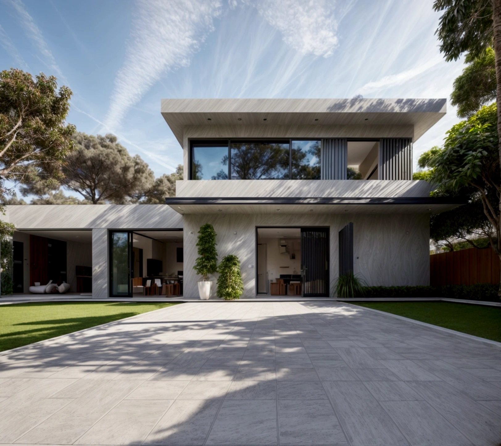 CRU photo,work of art, high qualiy, best qualityer, authentic, super detaill, plein-air, front-facing, villa seen from the front, vista front-facing, single storey villaXL, aiai group, modern house style on the street, front house, visão front-facing, entrada com gramdo, elegant and minimalist facade, pavement, gram, Trees, sky, nube, (Day Light:1.1)