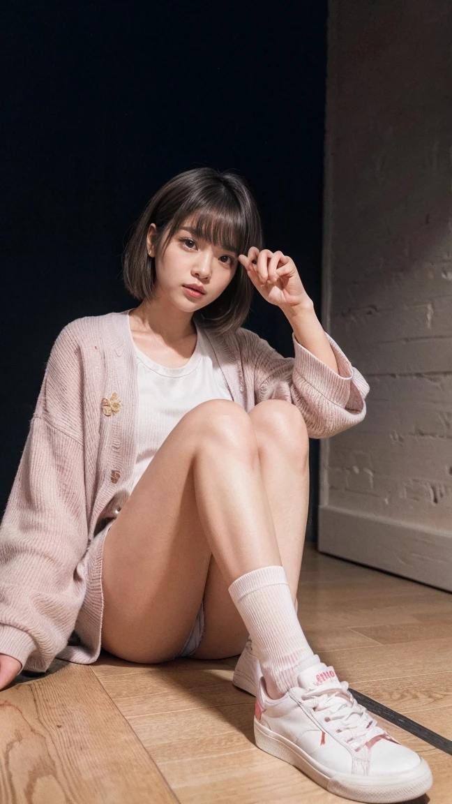 Hyper-realistic image of a stylish young girl with short, dark hair, sitting on a floor at night. She is wearing a stylish black floral kimono with red and pink blossoms. and teal sneakers with pink and white striped socks. The background is simple and minimalistic, focusing attention on her bold and edgy appearance.. The woman has a confident expression, with one hand raised in a (fingers cursing gesture), exuding a rebellious and carefree attitude. Capture the urban, edgy style of the character.