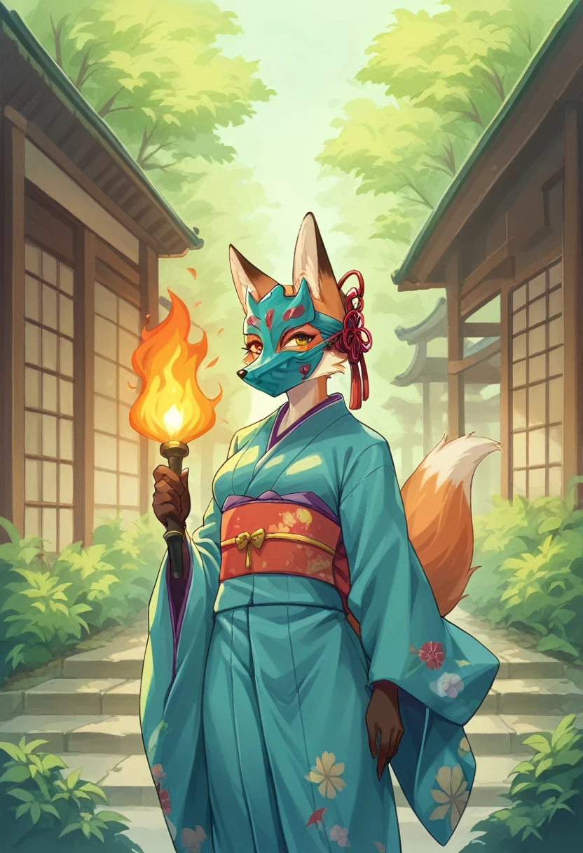 着物を着た女性が刀を持っている The fox and the bush holding a naginata, The fox and the bush, narrow holding torch, narrow, with narrow mask, colorful narrow city, Very very beautiful furry art, ((Wearing a kimono)), Beautiful fox woman, narrow three - tailed fox