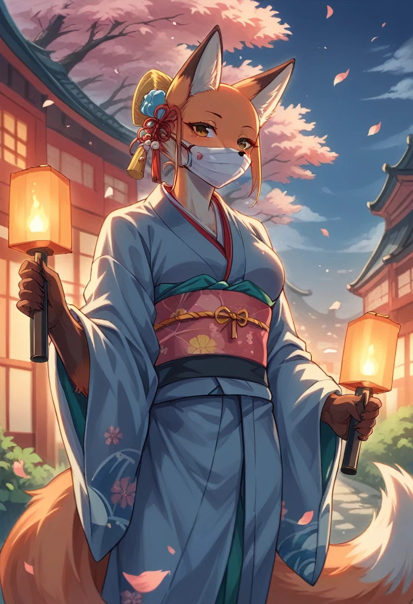 着物を着た女性が刀を持っている The fox and the bush holding a naginata, The fox and the bush, narrow holding torch, narrow, with narrow mask, colorful narrow city, Very very beautiful furry art, ((Wearing a kimono)), Beautiful fox woman, narrow three - tailed fox