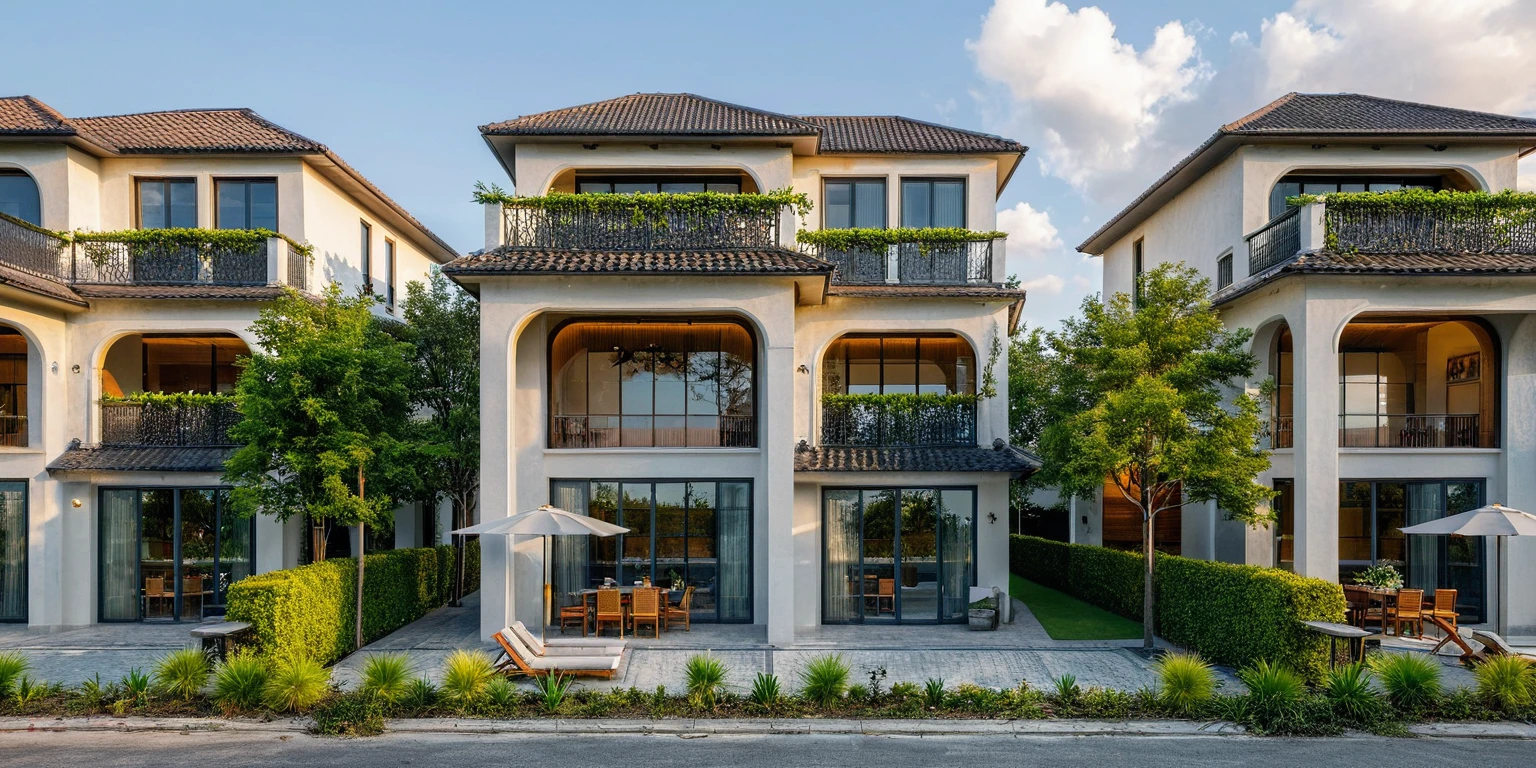 Masterpiece, high quality, best quality, authentic, super detail, outdoors, onestoreyvillaXL, aiaigroup, house style modern on the street ,stairs, white wall ,road,pavement, grass, trees, sky, cloud, pool, (daylight:1.1)