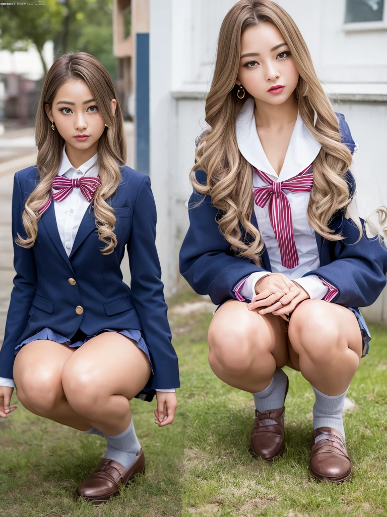 Gal、Galメイク、lipstick、Navy high socks casual mix real、(RAW Photos:1.2)、(Photorealistic:1.4)、The beauty of beautiful details Delicate expression、Blonde、((panties are visible))(Squatting panchira)Earrings Nasty eyes、Large file size、Ultra-detailed、High resolution、Transcendental beauty Highest quality、masterpiece、、(Japanese high school girls uniform))、Extremely detailed representation grow、In detail、Highly detailed facial cinematic lighting、、Positive、((Dynamic Pose)))、(Sit with your knees bent))、Pleated skirt、blazer、Sexy upward glance、panties、