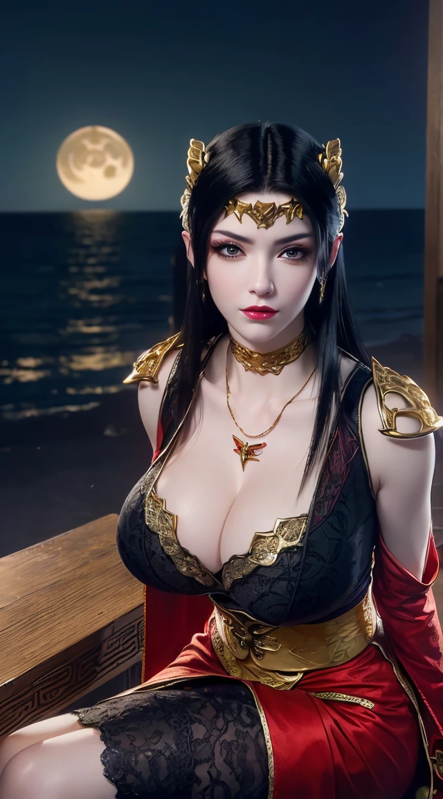 1 extremely beautiful queen, ((wearing traditional red hanfu with thin black patterns:1.6)), (((Patterns on clothes:1.6))), ((long black hair:1.6 )), elaborately crafted jewelry from precious stones and beautiful hair, (((wearing a 24k gold lace necklace:1.4))), noble, noble style of an extremely beautiful girl, very pretty face, thin eyebrows, flawless beautiful face, ((black eye pupils: 0.8)), very beautiful eyes, ((platinum blue eyes: 1 ,6)), (((wide eyes: 1,6))), beautiful makeup and detailed hairdo, eyelashes, steamy eye makeup, high nose, earrings, red lips, ((closed mouth : 1.5)) beautiful lips, slim arms, most beautiful thighs, ((arms behind and spread out to the sides: 1.5)), ((bent sitting position with chest out toward the audience and arms behind :1.6)), rosy face, clean face, flawless beautiful face, smooth white skin, (( super big and round firm breasts: 1.8)), firm breasts, beautiful cleavage, beautiful breasts , perfect body, back arms, open chest, black sheer fishnet stockings with black lace trim, 8k photo, super high quality, super realistic, super 10 x pixel, optical, bright studio, bright edges, lighting two-tone, (high detail skin: 1.2), ultra 8k, soft light, high quality, volumetric light, optical, optical high resolution, light, best shot, quality 4k, 8k, blur effect, smooth sharpness, 10 x pixels, ((sea and moonlight in night background: 1.5)), aurora, lightning, hyper-realistic graphics, most realistic graphics, 1 girl, alone, solo, Extremely sharp, surreal image, (((frontal portrait: 1)))."