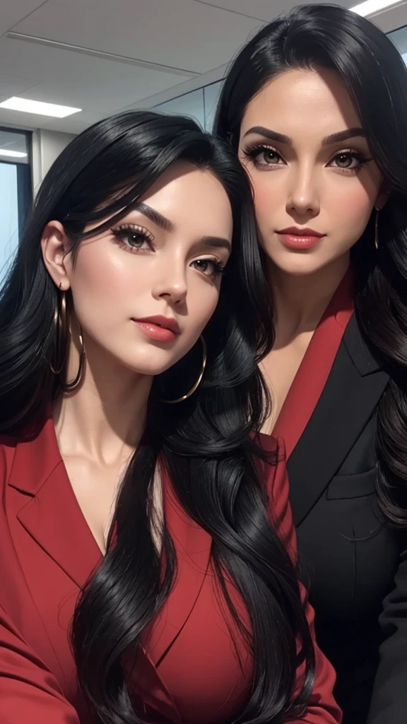 create a beautiful executive woman with a bald face, Big, made-up guy in his busy office wearing red and black business clothes with long, wavy black hair.