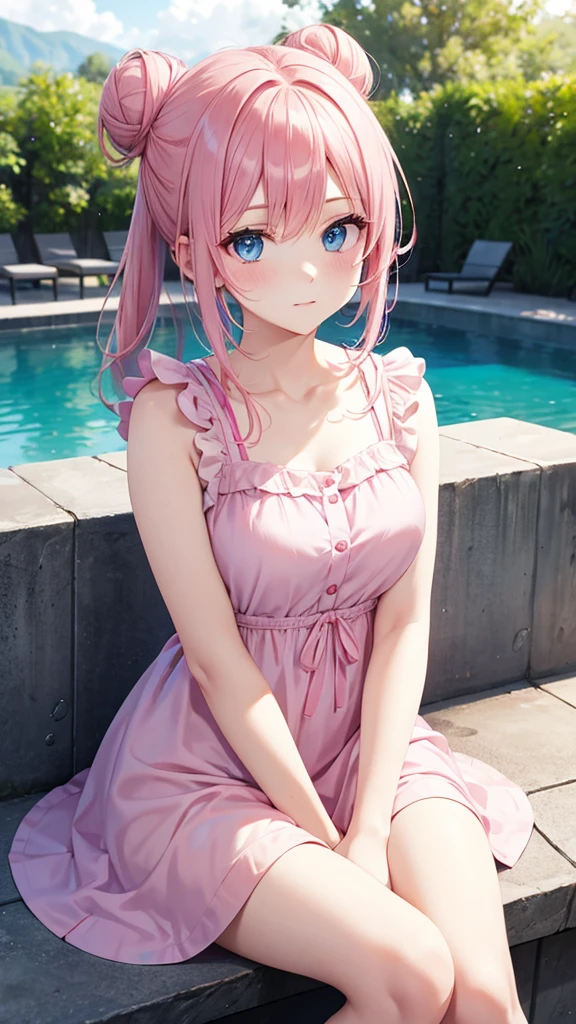 hair bun, pink hair, blue eyes, dress, sitting, Pale skin, --niji 5 --ar 2:3 --s 1000