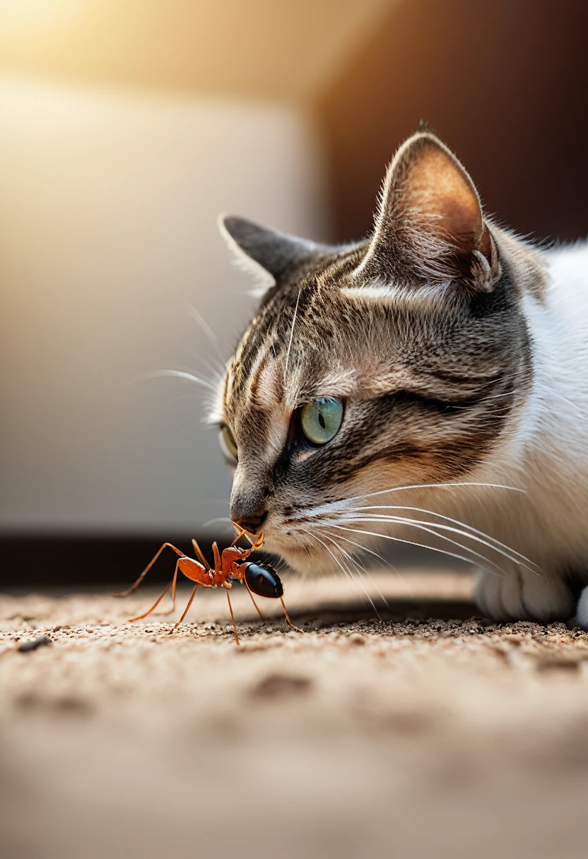 arafed a picture of an ant looking at a cat, picture taken from the ant point of view of the ant, hyperrealism style, vibrant, Ultra-high resolution, High Contrast, (masterpiece:1.5), highest quality, Best aesthetics), best details, best quality, highres, ultra wide angle, 16k, [ultra detailed], masterpiece, best quality, (extremely detailed) RAW