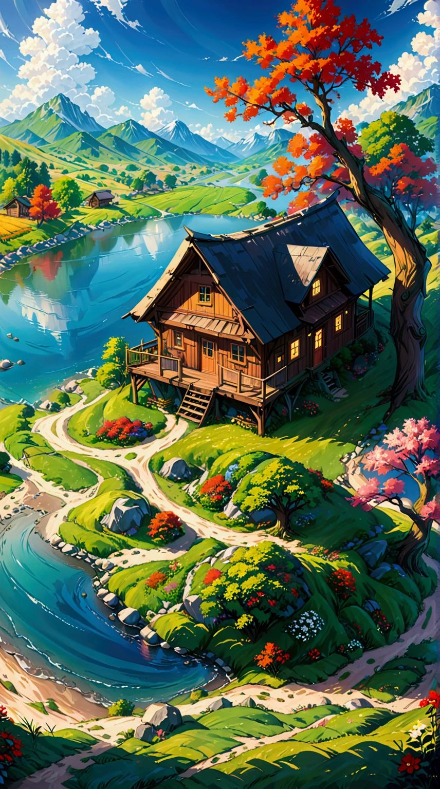 (masterpiece), a painting of a cabin under a tree in a field, anime art wallpaper 4k, (colorful), anime background, anime art wallpaper 8 k, anime background art, anime landscape wallpaper, anime countryside landscape, 4k highly detailed digital art