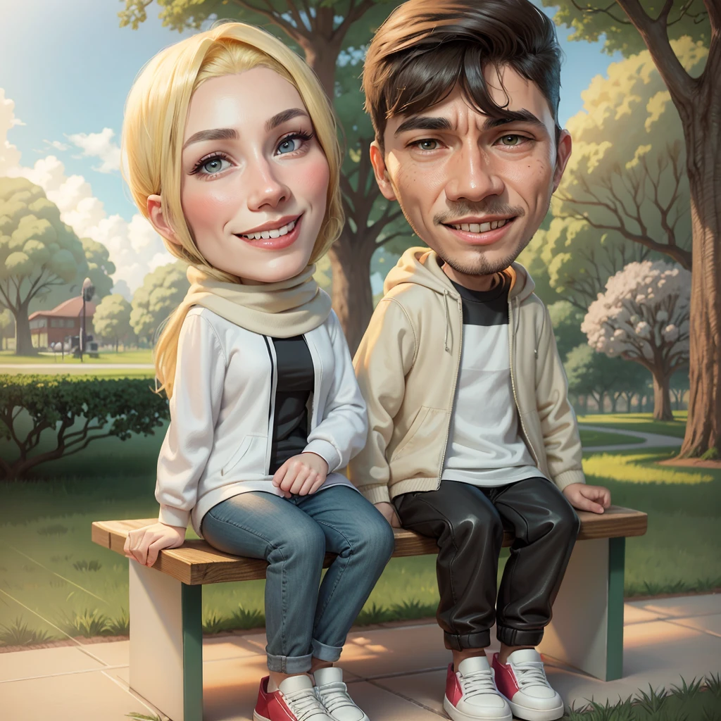 cartoon couple sitting on a bench in a park with trees, digital art cartoon, cartoon artstyle, realistic cartoon, cartoon digital art, in cartoon style, cartoon art style, cartoon art, cartoon digital painting, realism artstyle, caricature illustration, photorealistic!!!!!!! art style, happy couple, cartoon style illustration, cartoon portrait, potrait, digital cartoon painting art, couple