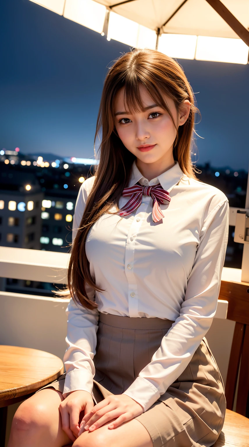 1girl,Best quality,masterpiece,ultra high res,intricate detail,finely detail,depth of field,(photorealistic:1.4),upper body,standing,long hair,parted bangs,straight hair,brownness hair,pink miniskirt,looking at viewer,shirt,necktie,blusher,shiny skin,night,