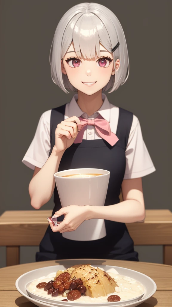 (Highest quality,High resolution,Very detailed),eat porridge, Short silver bob hair held together with a hair clip, Pink Eyes、spoon, Grin、Background Blur, Depth of the written border