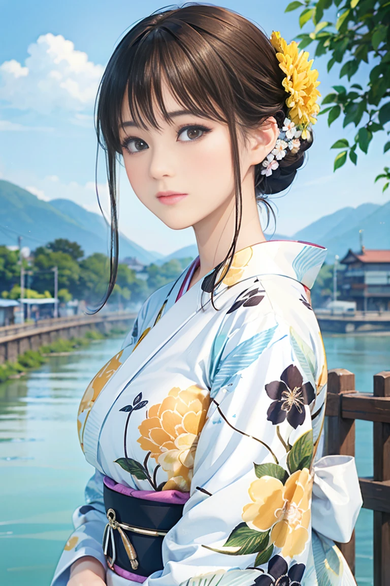 (Highest quality、 8k 、masterpiece、High resolution)、(whole body)、Vibrant colors、Brown-black bob、Traditional round topknot、Ample breasts、(Highly detailed face and eyes、Beautiful Face、Beautiful Eyes、Beautiful nose、Pretty lips)、 (Beautiful woman standing on a riverside observation deck)、A friendly gaze、Oh!！Facial expression that、(Vivid floral patterned kimono)、Official Art、  The background is a wide river、Nearby bridge、Riverside streetscape、Mountains in the distance、Detailed CG、