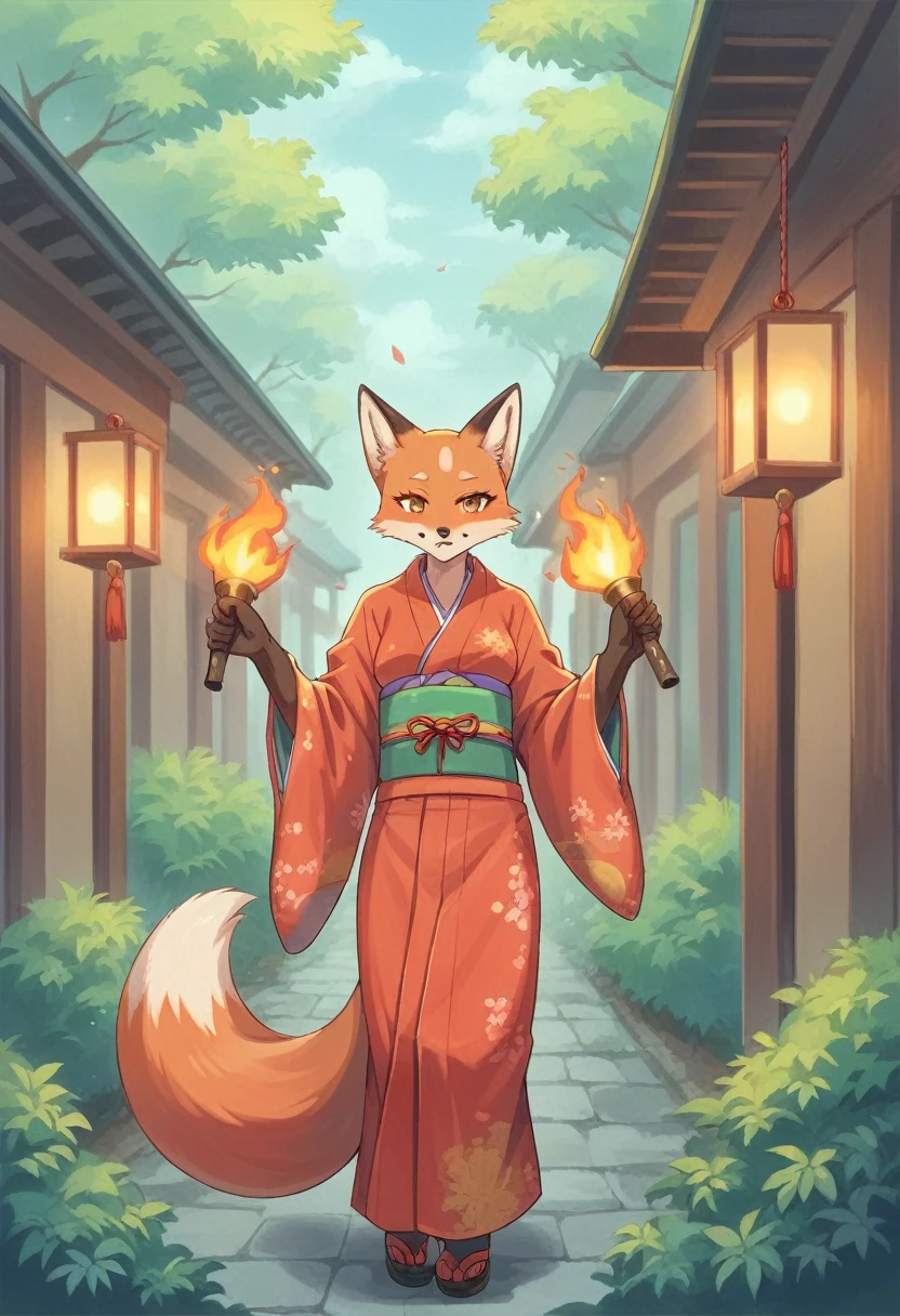 着物を着た女性が刀を持っている The fox and the bush holding a naginata, The fox and the bush, narrow holding torch, narrow, with narrow , colorful narrow city, Very very beautiful furry art, ((Wearing a kimono)), Beautiful fox woman, narrow three - tailed fox