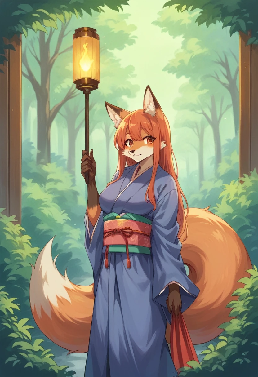 着物を着た女性が刀を持っている The fox and the bush holding a naginata, The fox and the bush, narrow holding torch, narrow, with narrow , colorful narrow city, Very very beautiful furry art, ((Wearing a kimono)), Beautiful fox woman, narrow three - tailed fox