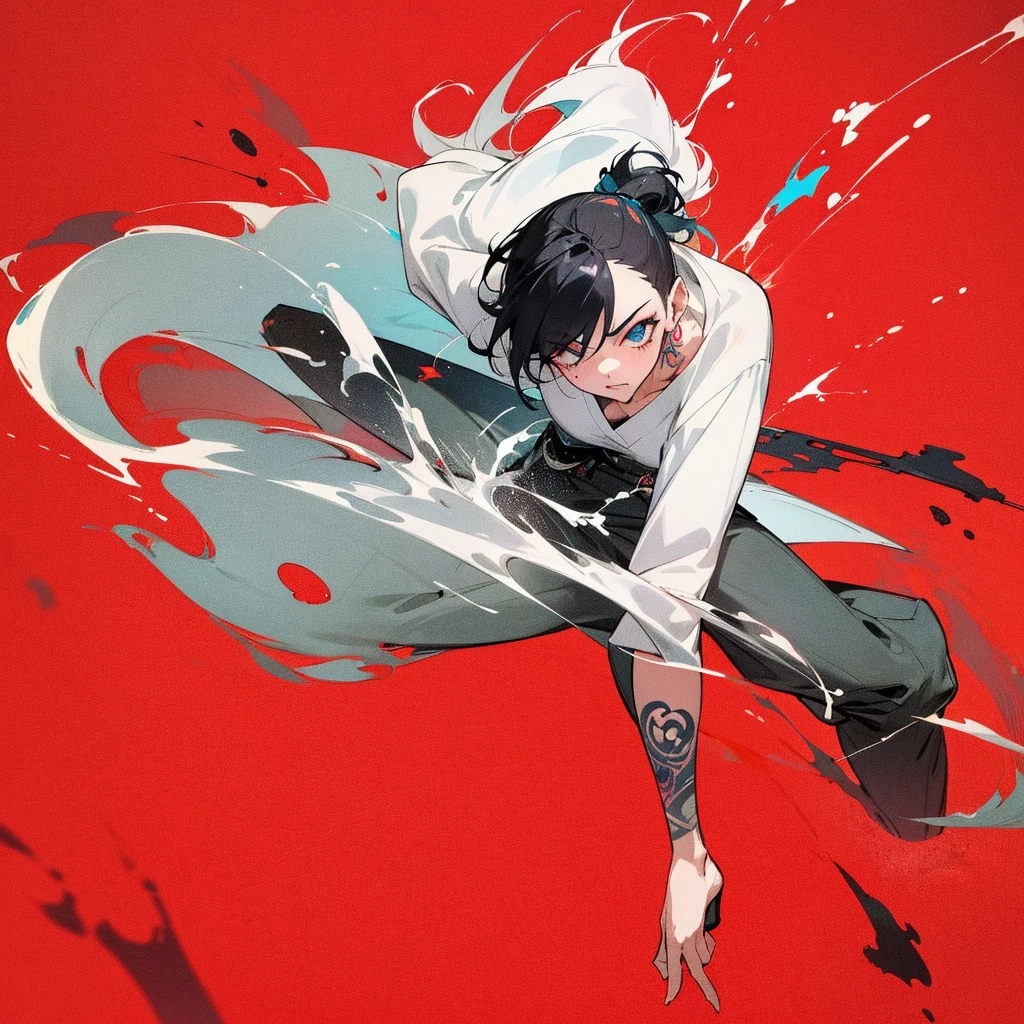 1 woman, wearing a stylish and edgy outfit, the color palette is mainly dark with splashes of vibrant colors, tailored white shirts, fashionable, woman, vibrant, outfit, colorful, accessory, majestic, sharp focus, modern, determined expression, closed one eye, disgusted face, embarrassed, Ink wash painting background, geometry tattoo, (cinematic), elaborate, holding japanese sword, katana, action pose, collarbone,