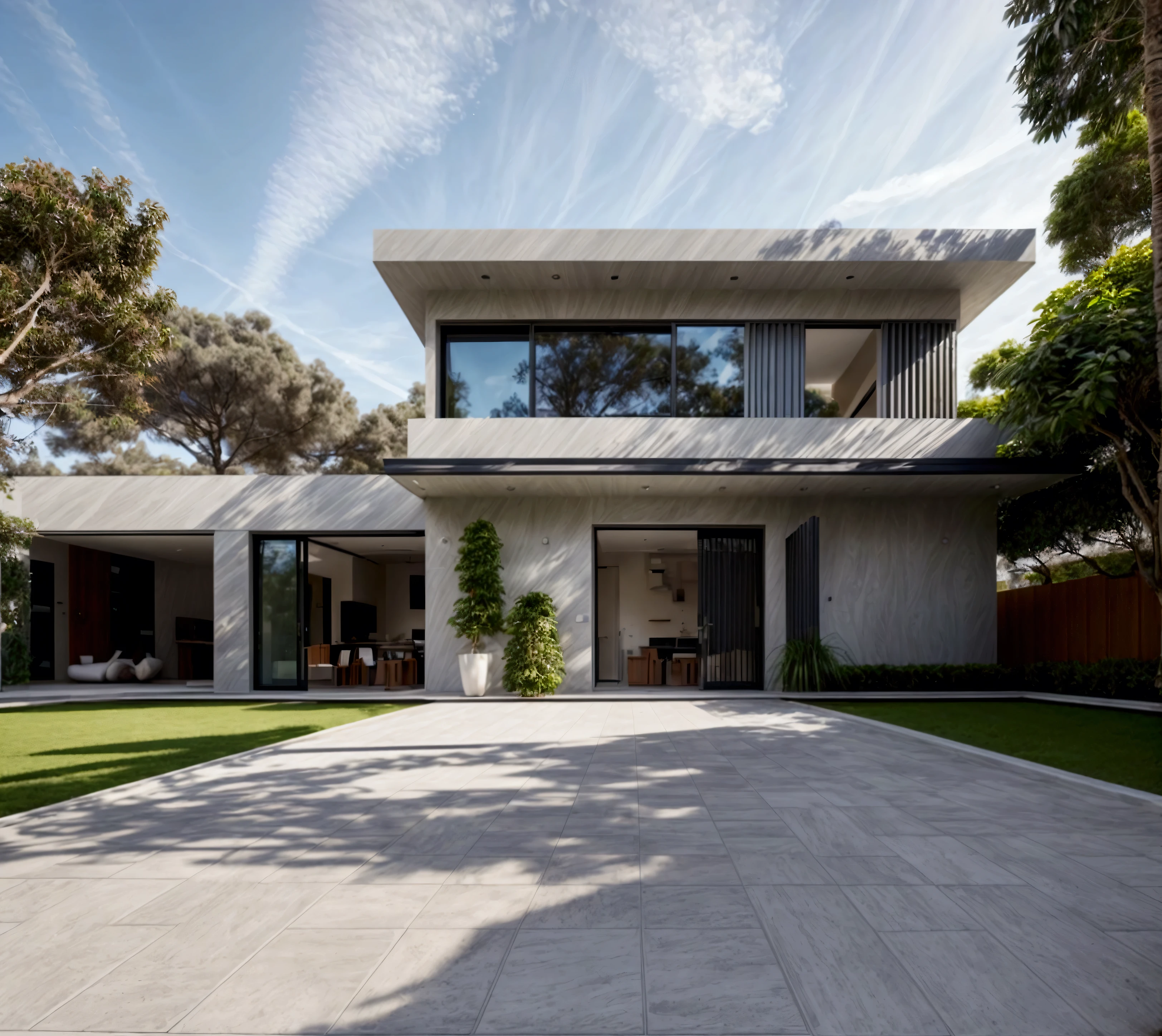 CRU photo,work of art, high qualiy, best qualityer, authentic, super detaill, plein-air, front-facing, villa seen from the front, vista front-facing, single storey villaXL, aiai group, modern house style on the street, front house, visão front-facing, entrada com gramdo, elegant and minimalist facade, pavement, gram, Trees, sky, nube, (Day Light:1.1)
