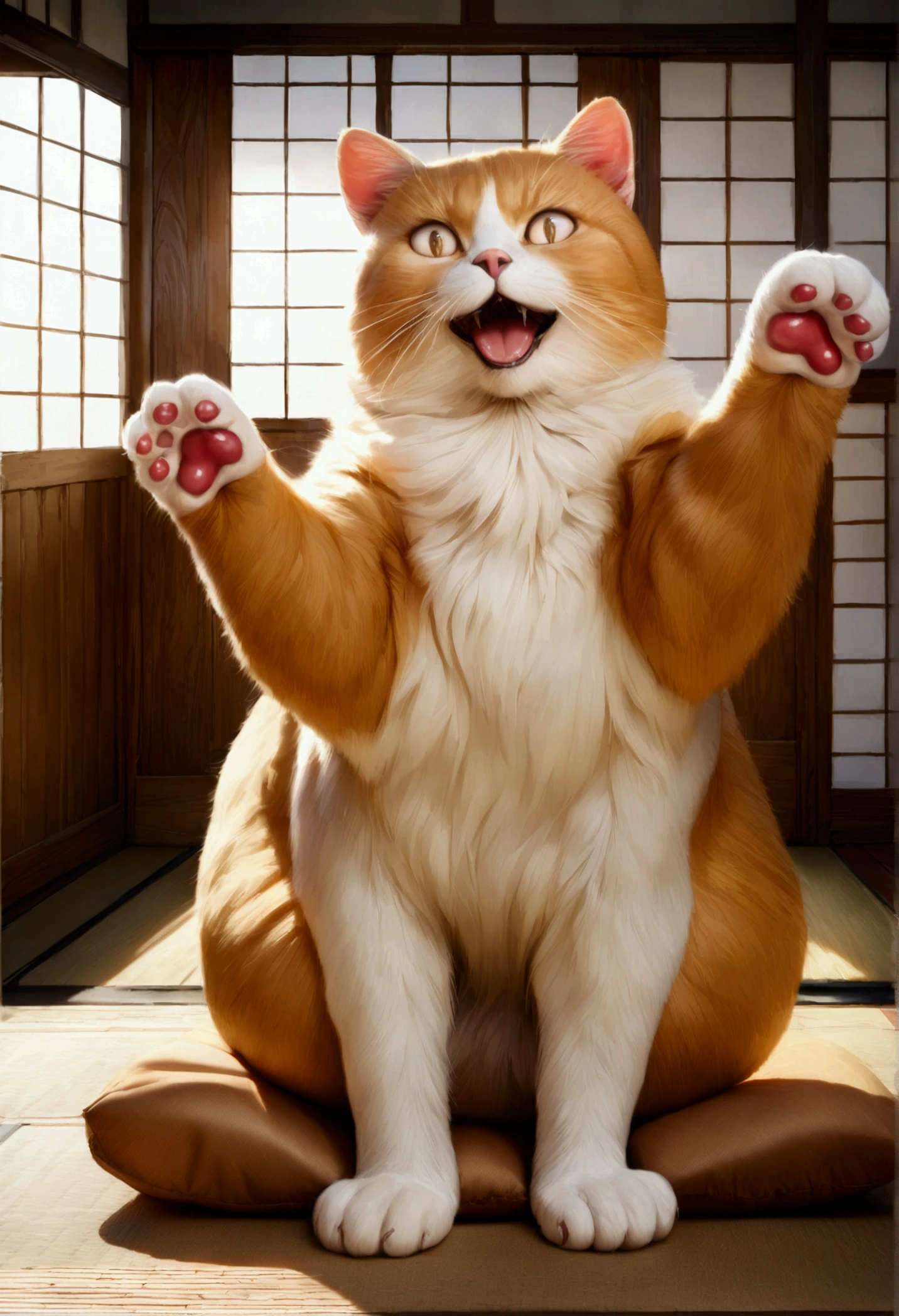 Giant Lucky Cat (Fukubukuro), Exquisite Detail, High Resolution, Ultra-Realistic, Photorealistic: 1.4, 8K, Raw Image, Masterpiece, Best Quality, Physical-based Rendering, Traditional Japanese Home, Large Fukubukuro, Red Bean Bag, Golden Paw, Popping Eyes, Inviting Smile, Vibrant Colors, Soft Fur Texture, Shadows Casting Dramatic Effects.