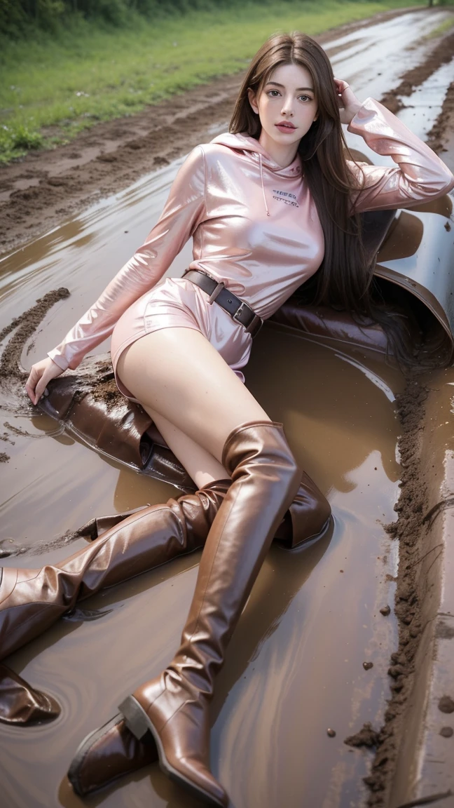 Young Anne Hathaway has long brown hair,Wearing a pink shiny full body suit,Full breasts,Long legs,Over the knee boots,Wear a belt,Lying in the mud,Stuck in the mud,The body was covered in mud stains,Full body picture,Realistic